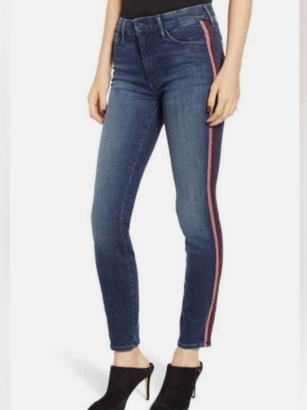 Anthropologie MOTHER The Looker Ankle Here Kitty Glitter Racer Ankle Jeans
